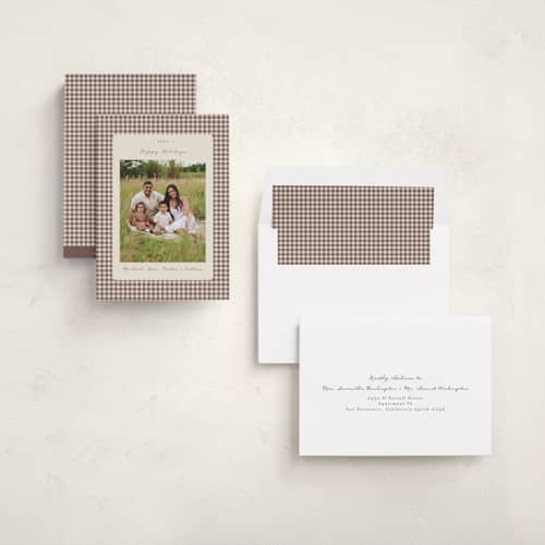 This is a gingerbread latte holiday photo cards with standard by Emily Betts called gingham vintage printing on recycled smooth signature in standard