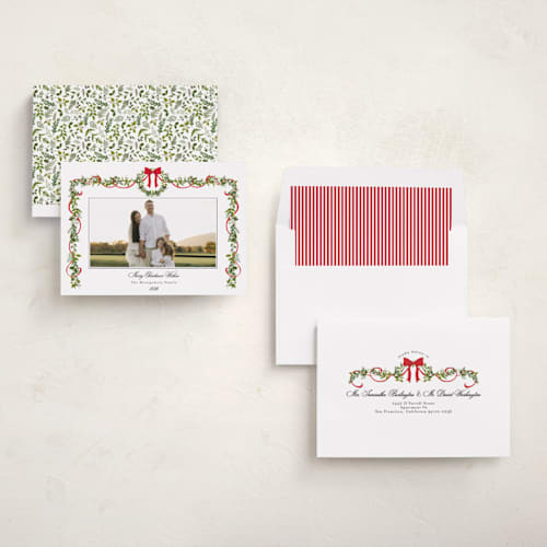 This is a candy cane holiday photo cards with standard by Susan Moyal called bows & ribbon printing on recycled smooth signature in standard