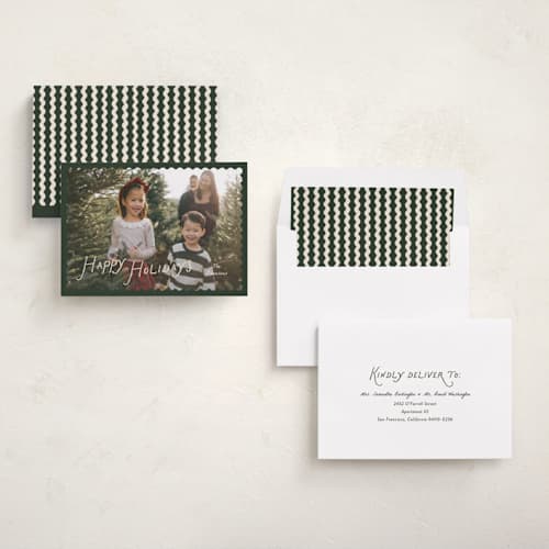 This is a pine holiday photo cards with standard by Pixel and Hank called waved printing on recycled smooth signature in standard