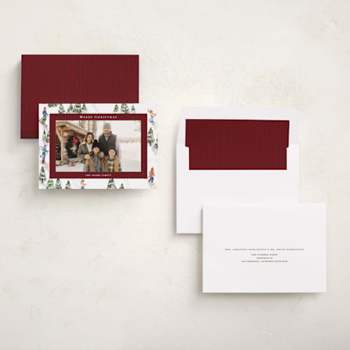 This is a wine holiday photo cards with standard by Celine Nguyen called snowy family printing on recycled smooth signature in standard