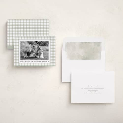 This is a spearmint holiday photo cards with standard by Emily Betts called scallop matted photo printing on recycled smooth signature in standard