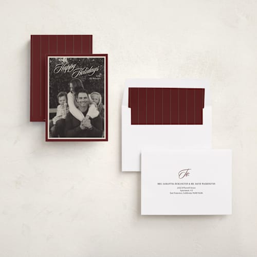 This is a burgundy holiday photo cards with standard by Ani Somi called classic portrait printing on recycled smooth signature in standard