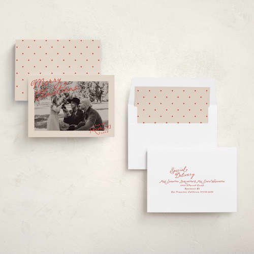 This is a santa suit holiday photo cards with standard by Everett Paper Goods called icing printing on recycled smooth signature in standard