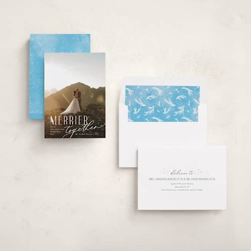 This is a frost holiday photo cards with standard by Anastasia Makarova called so merrier together printing on recycled smooth signature in standard