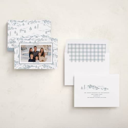 This is a powder holiday photo cards with standard by Jenna Holcomb called ski toile printing on recycled smooth signature in standard