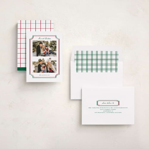This is a mistletoe holiday photo cards with standard by Kanika Mathur called vintage line frame printing on recycled smooth signature in standard