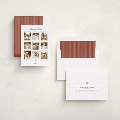 This is a linen holiday photo cards with standard by Jennifer Postorino called delicate printing on recycled smooth signature in standard