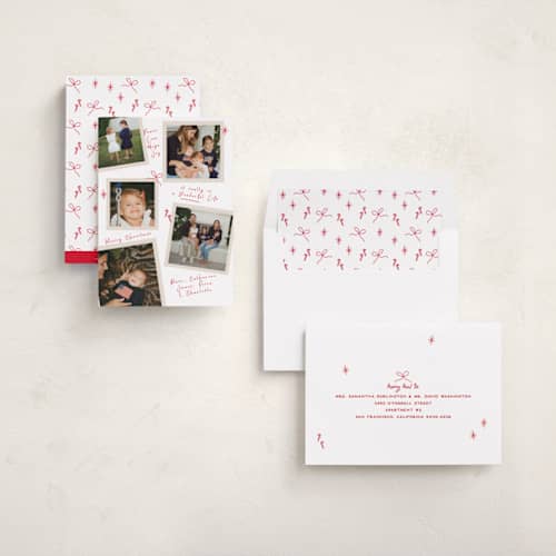 This is a poinsettia holiday photo cards with standard by Owl and Toad called personal note printing on recycled smooth signature in standard