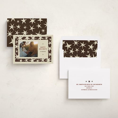 This is a almond holiday photo cards with standard by Angela Quan called star border printing on recycled smooth signature in standard