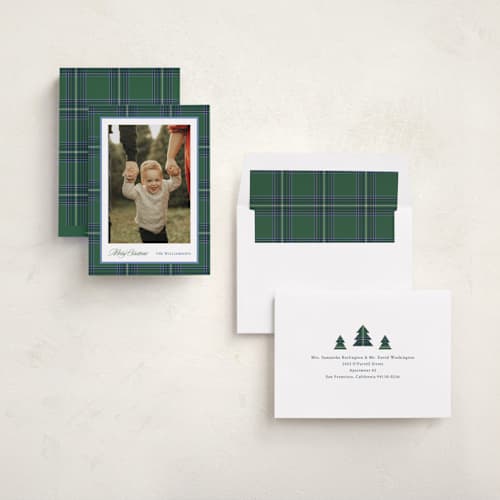 This is a evergreen holiday photo cards with standard by Cindy Reynolds called navy baby printing on recycled smooth signature in standard