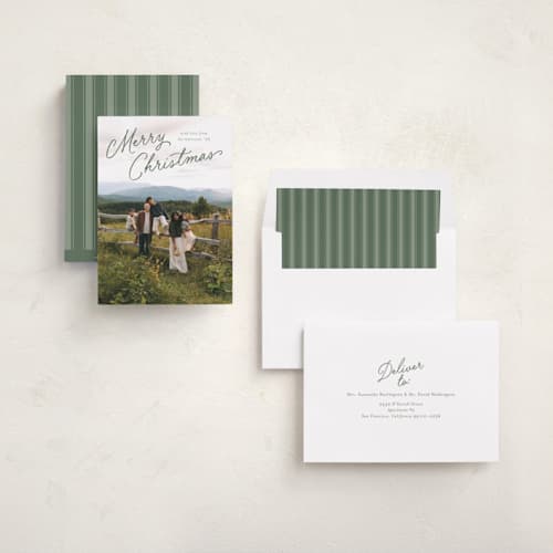This is a eucalyptus holiday photo cards with standard by Carmia C. called nostalgic script printing on recycled smooth signature in standard