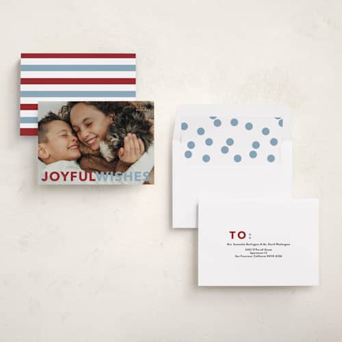 This is a cardinal holiday photo cards with standard by Angela Thompson called most merry printing on recycled smooth signature in standard