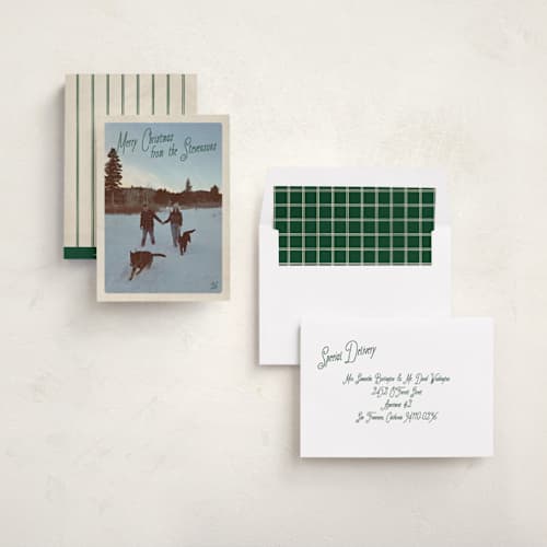 This is a pine needle holiday photo cards with standard by Jenna Holcomb called vintage mail printing on recycled smooth signature in standard