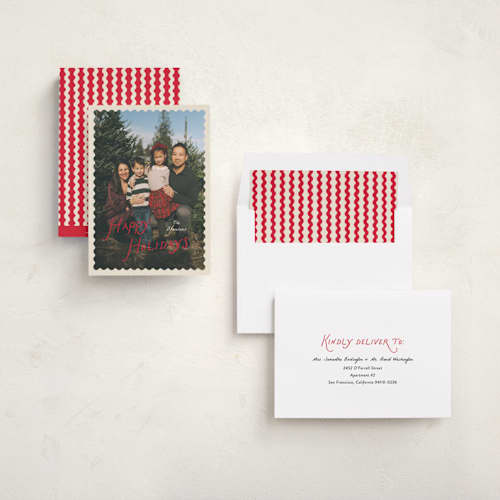 This is a cranberry holiday photo cards with standard by Pixel and Hank called waved printing on recycled smooth signature in standard