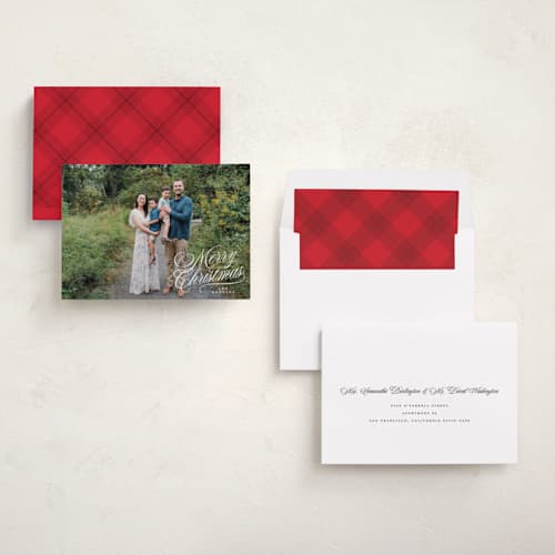 This is a snow holiday photo cards with standard by Kelly Schmidt called scripted corner printing on recycled smooth signature in standard