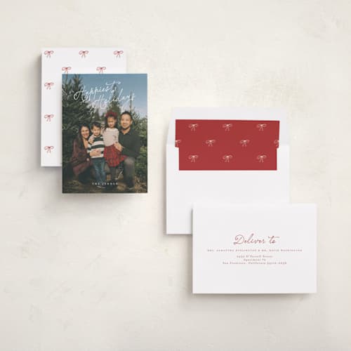This is a snow holiday photo cards with standard by Angela Garrick called happy curly script printing on recycled smooth signature in standard