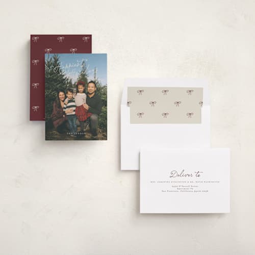 This is a plum pudding holiday photo cards with standard by Angela Garrick called happy curly script printing on recycled smooth signature in standard