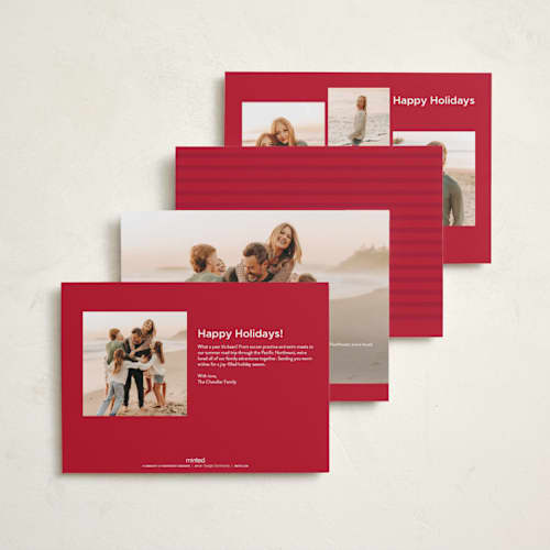 This is a cranberry holiday photo cards with standard by Danie Romrell called tagged stripes printing on recycled smooth signature in standard
