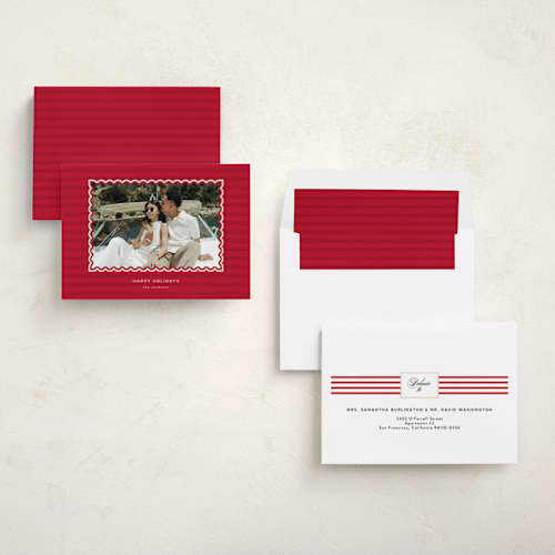 This is a cranberry holiday photo cards with standard by Danie Romrell called tagged stripes printing on recycled smooth signature in standard