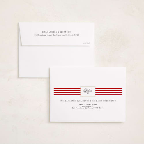 This is a cranberry holiday photo cards with standard by Danie Romrell called tagged stripes printing on recycled smooth signature in standard