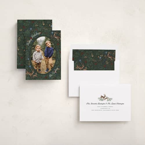 This is a pine needle holiday photo cards with standard by Jenna Holcomb called embroidered forest printing on recycled smooth signature in standard
