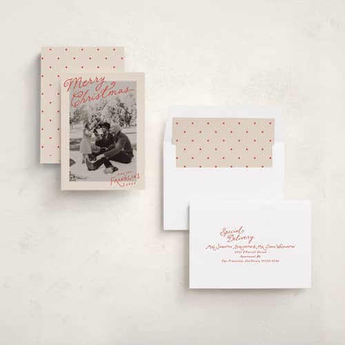 This is a santa suit holiday photo cards with standard by Everett Paper Goods called icing printing on recycled smooth signature in standard