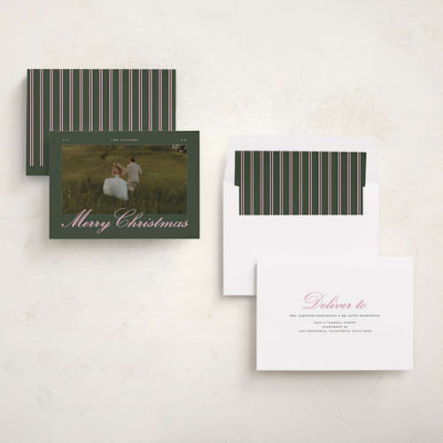 This is a pine holiday photo cards with standard by Christy Hy Lee called vintage scene printing on recycled smooth signature in standard
