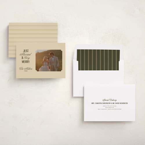 This is a ivory holiday photo cards with standard by Ana de Sousa called just married & merry printing on recycled smooth signature in standard