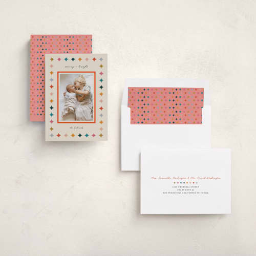 This is a tinsel holiday photo cards with standard by Sierra Lee called colorful stars printing on recycled smooth signature in standard