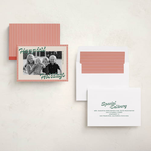 This is a festive holiday photo cards with standard by Carolyn Nicks called striped delight printing on recycled smooth signature in standard