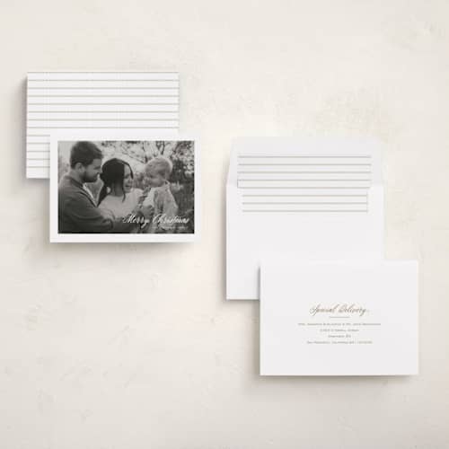 This is a snowfall holiday photo cards with standard by Jessica Williams called avalon printing on recycled smooth signature in standard