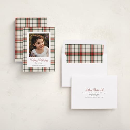 This is a pudding holiday photo cards with standard by Cindy Reynolds called plaid traditions printing on recycled smooth signature in standard