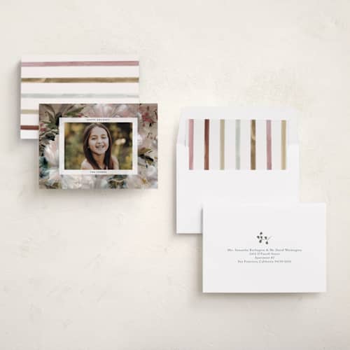 This is a blush holiday photo cards with standard by Kelly Ventura called winter peonies printing on recycled smooth signature in standard
