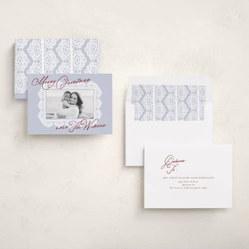 This is a fog holiday photo cards with standard by AK Graphics called lace doilie printing on recycled smooth signature in standard