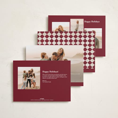 This is a burgundy holiday photo cards with standard by Angel Walker called marble diamond printing on recycled smooth signature in standard