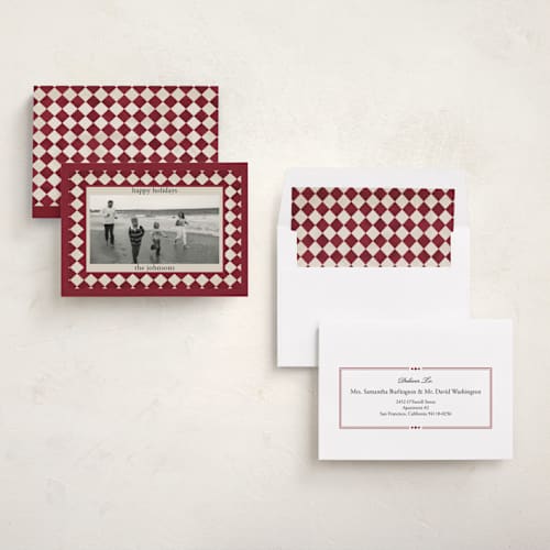 This is a burgundy holiday photo cards with standard by Angel Walker called marble diamond printing on recycled smooth signature in standard