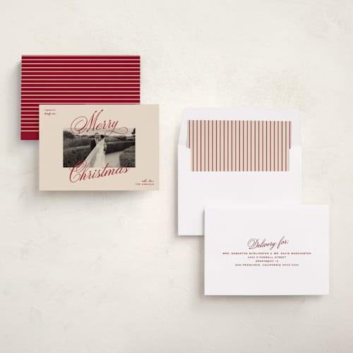This is a burgundy holiday photo cards with standard by Ellen Schlegelmilch called vintage cinema printing on recycled smooth signature in standard