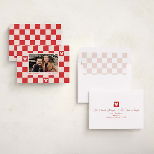 This is a minnie's bow holiday photo cards with standard by Carrie ONeal called disney mickey checkerboard printing on recycled smooth signature in standard