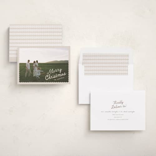 This is a creamer holiday photo cards with standard by Pixel and Hank called dispatch printing on recycled smooth signature in standard