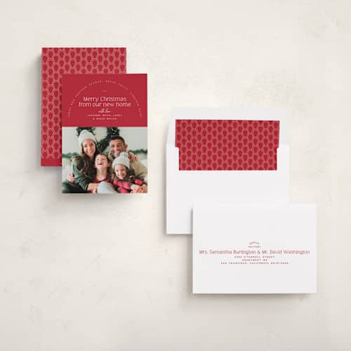 This is a cardinal holiday photo cards with standard by Owl and Toad called address arch printing on recycled smooth signature in standard