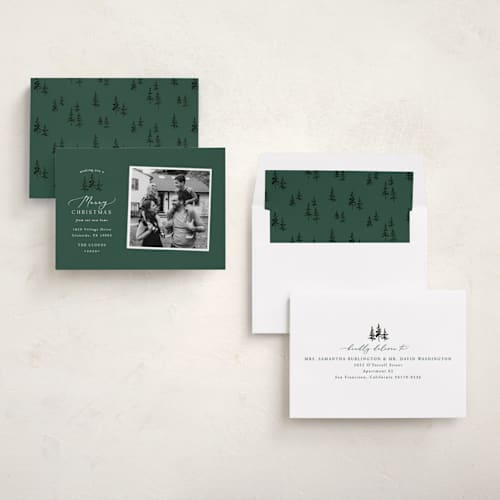 This is a forest holiday photo cards with standard by Everett Paper Goods called little pines printing on recycled smooth signature in standard