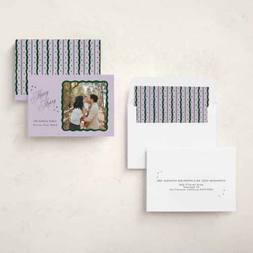 This is a sugar plum holiday photo cards with standard by Lauren Jopling called squiggle and stars printing on recycled smooth signature in standard