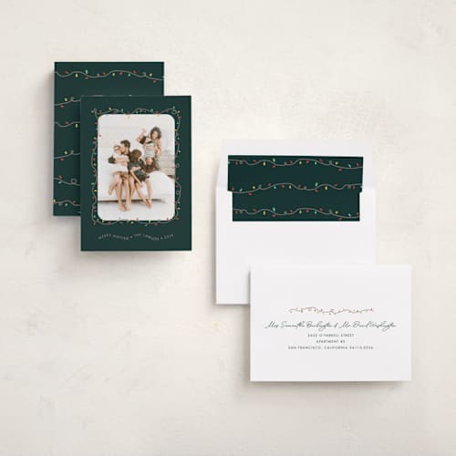 This is a forest holiday photo cards with standard by Holly Whitcomb called crazy lights printing on recycled smooth signature in standard