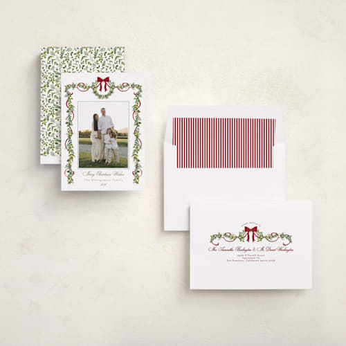 This is a sugar plum holiday photo cards with standard by Susan Moyal called bows & ribbon printing on recycled smooth signature in standard