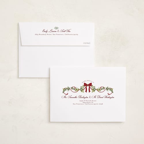 This is a sugar plum holiday photo cards with standard by Susan Moyal called bows & ribbon printing on recycled smooth signature in standard