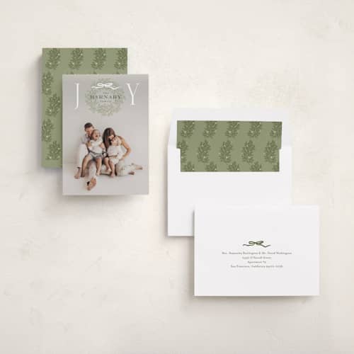 This is a wreath holiday photo cards with standard by Oscar and Emma - Karly Depew called family wreath printing on recycled smooth signature in standard