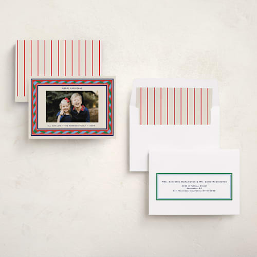 This is a peppermint holiday photo cards with standard by Pati Cascino called sonetto printing on recycled smooth signature in standard