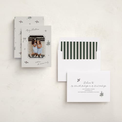 This is a ivory holiday photo cards with standard by Cass Loh called heirloom holiday sketch printing on recycled smooth signature in standard