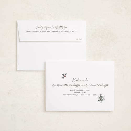 This is a ivory holiday photo cards with standard by Cass Loh called heirloom holiday sketch printing on recycled smooth signature in standard