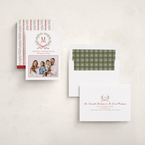 This is a cranberry holiday photo cards with standard by Wildfield Paper Co called holly berry monogram printing on recycled smooth signature in standard